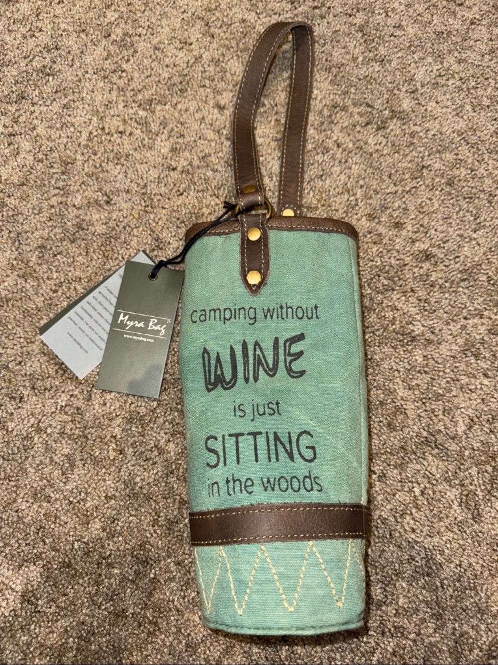 Myra Bag - Green Canvas Wine Tote with Brown Trim - "Camping without Wine"